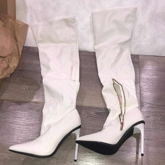 Shoe Dazzle Shoes - Shoe Dazzle Destine OTK Thigh Boots White Fold Zipper Patent Heel new